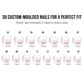 Chart showing 30 custom-moulded nails with measurements for a perfect fit