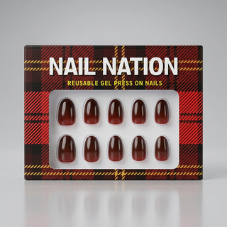 Box of Nail Nation reusable gel press on nails with red plaid design