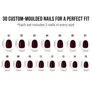 Chart of custom-moulded nails with dimensions for a perfect fit