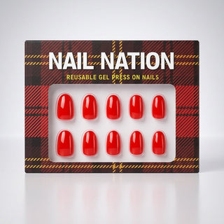 Box of red gel press-on nails by Nail Nation on a white background