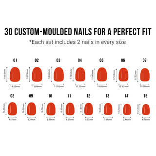 Chart of custom-moulded nails with dimensions for a perfect fit on a white background