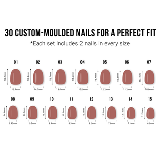 Chart of 30 custom-moulded nails with size measurements on a white background