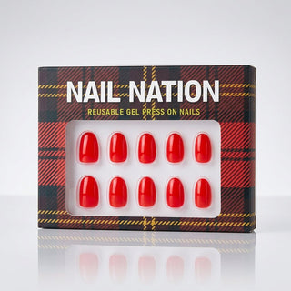 Box of red gel press-on nails with 'Nail Nation' branding on a white background