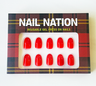 Box of Nail Nation reusable gel press-on nails with tartan design