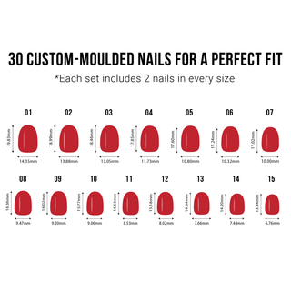 Chart of custom-moulded nails with dimensions for a perfect fit on a white background