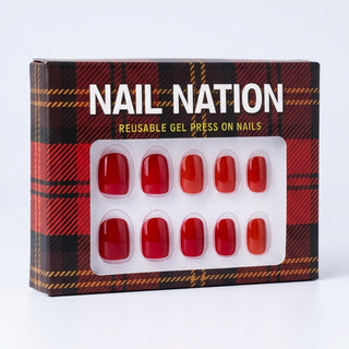 Box of Nail Nation reusable gel press on nails with red nails on a white background