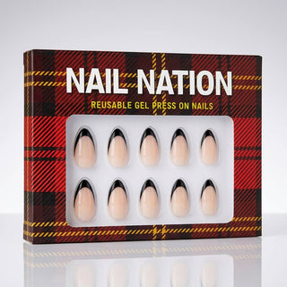 Box of Nail Nation reusable gel press on nails with plaid design