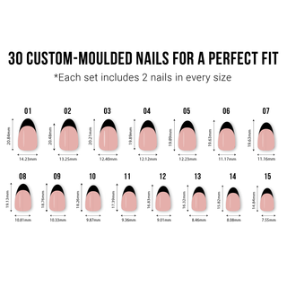 Chart showing 30 custom-moulded nails with measurements for a perfect fit.