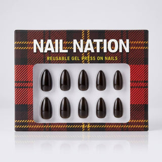 Nail Nation reusable gel press on nails packaging with black nails on a plaid patterned background