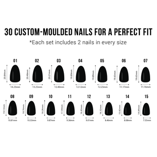 Chart of custom-moulded nails with dimensions for a perfect fit