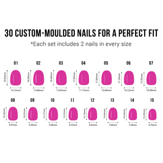 Chart showing 30 custom-moulded nails with measurements for a perfect fit.
