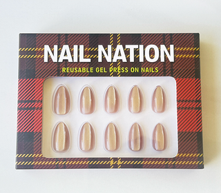 Box of Nail Nation reusable gel press-on nails with tartan design
