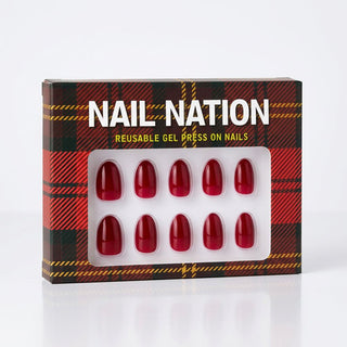 Box of red nail tips with 'Nail Nation' branding on a white background