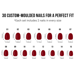 Chart of custom-moulded nails with dimensions for a perfect fit on a white background