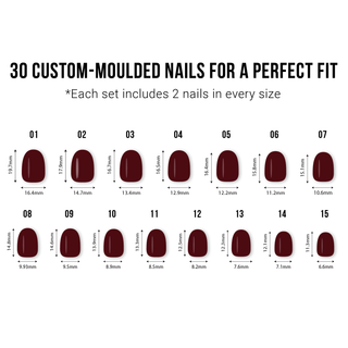 Chart of 30 custom-moulded nails with measurements for a perfect fit on a white background.