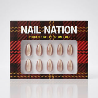 Nail Nation reusable gel press on nails packaging with plaid design