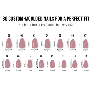 Chart showing measurements of custom-moulded nails with a pink color swatch.