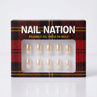 Nail Nation reusable gel press on nails packaging with plaid design