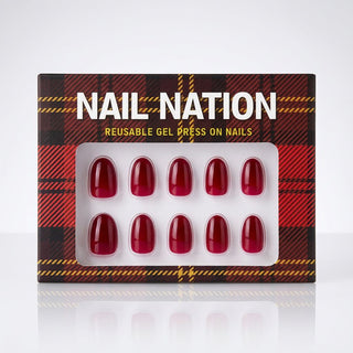 Box of red reusable gel press on nails by Nail Nation on a white background