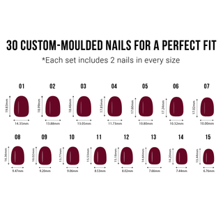 Chart showing 30 custom-moulded nails with measurements for a perfect fit.