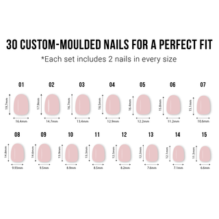 Chart of 30 custom-moulded nails with measurements on a white background