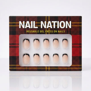 Box of Nail Nation reusable gel press on nails with plaid design