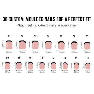 Chart showing 30 custom-moulded nails with measurements for a perfect fit.