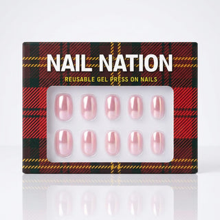 Box of pink press-on nails with 'Nail Nation' branding on a white background
