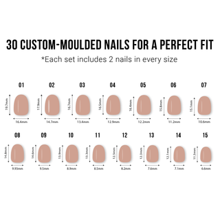 Chart of 30 custom-moulded nails with size measurements on a white background