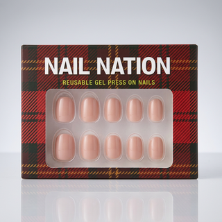 Box of Nail Nation reusable gel press on nails with plaid design