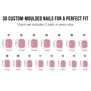 Chart of 30 custom-moulded nails with measurements for a perfect fit