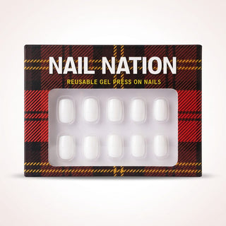 Box of Nail Nation reusable gel press on nails with plaid design