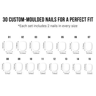 Chart of 30 custom-moulded nails with measurements on a white background