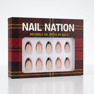 Box of Nail Nation reusable gel press on nails with plaid design
