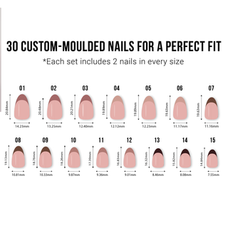 Chart showing 30 custom-moulded nails with measurements for a perfect fit.