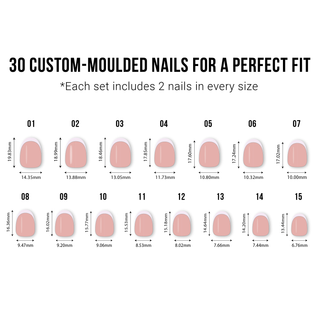 Chart of custom-moulded nails with measurements on a white background