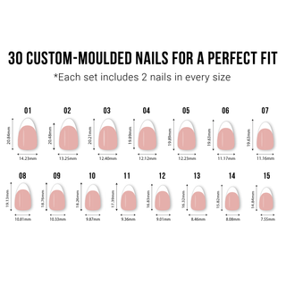 Chart of custom-moulded nails with measurements for a perfect fit