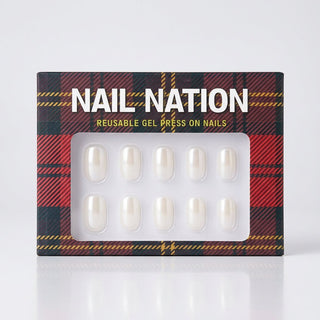 Box of Nail Nation reusable gel press on nails with plaid design