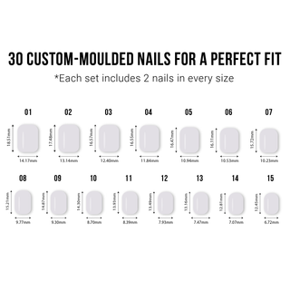 Chart showing 30 custom-moulded nails with measurements for a perfect fit