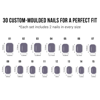 Chart of 30 custom-moulded nails with size measurements on a white background