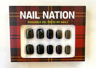 Box of Nail Nation reusable gel press on nails with plaid design