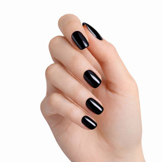 Hand with black nail polish on a white background