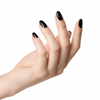 Hand with black nail polish on a white background