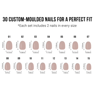 Chart of custom-moulded nails with dimensions for a perfect fit