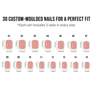 Chart of 30 custom-moulded nails with measurements on a white background