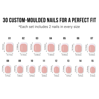 Chart showing measurements of custom-moulded nails with pink nail samples.